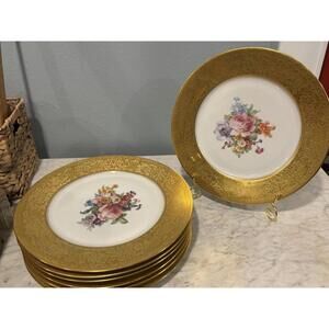 Set of 10 Antique Union T Floral Gold Rimmed 11" Plates Czechoslovakia 1920s